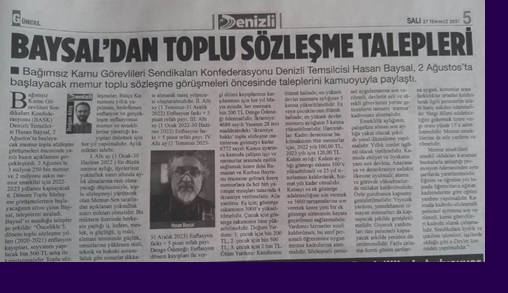 Denizli Temsilcimiz Hasan Baysal'dan Toplu Sözleşme Talepleri