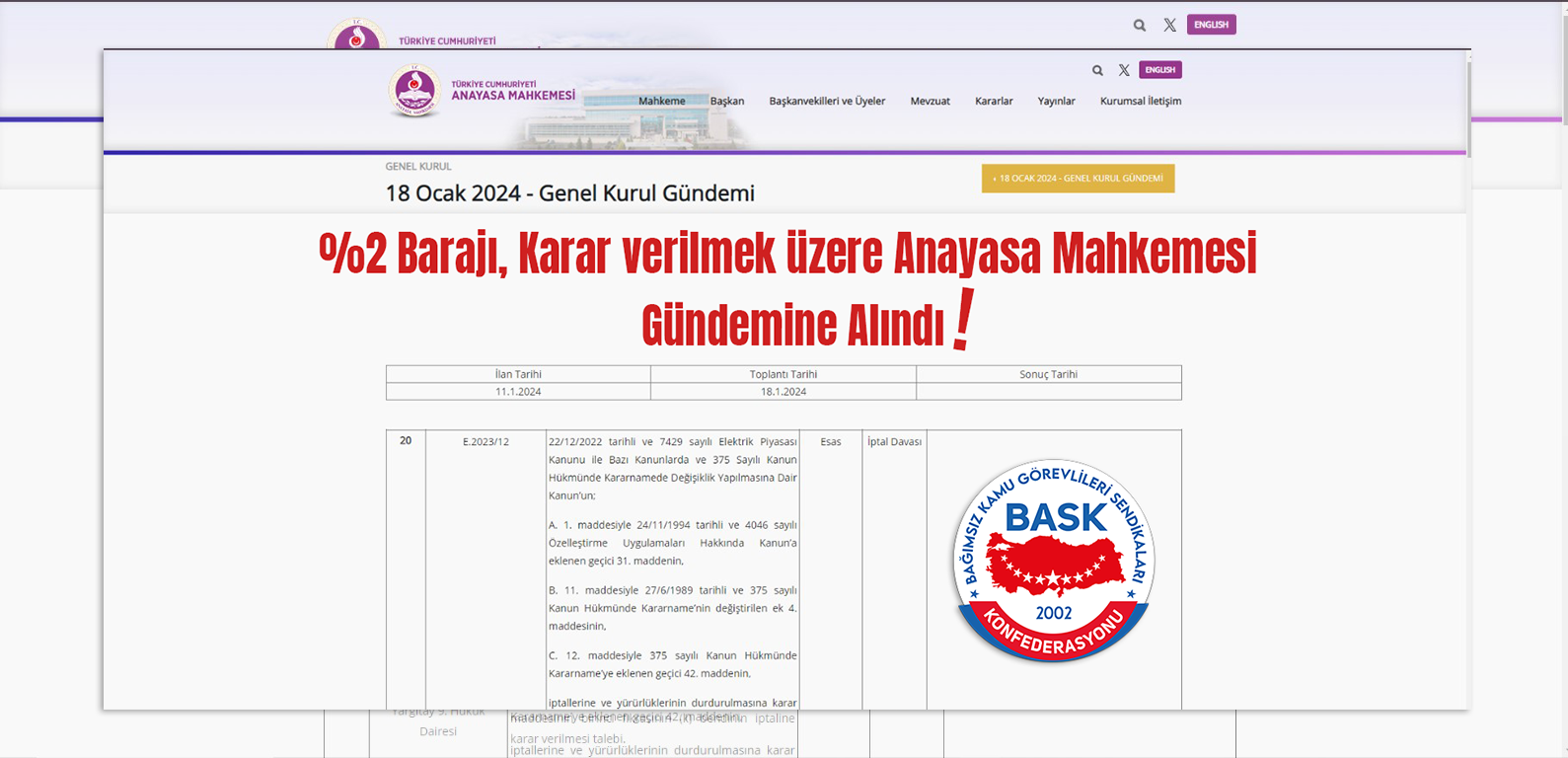 Sendikal Barajda Söz Artık Aym'de, 18 Ocak 'ta Görüşülecek